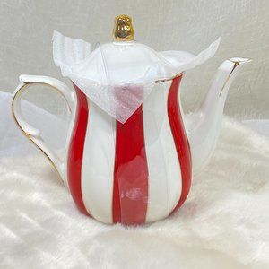 Grace Fine Porcelain Holiday Red White Stripe Teapot Tea Pot stunning New